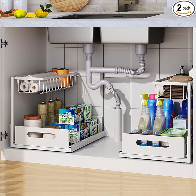 UINOFLE 2 Pack Under Sink Organizer, 2 Tier Pull-Out Cabinet Storage Shelf, Rust-Resistant Metal Organizer for Kitchen Bathroom Laundry Room, No Tools Installation, White