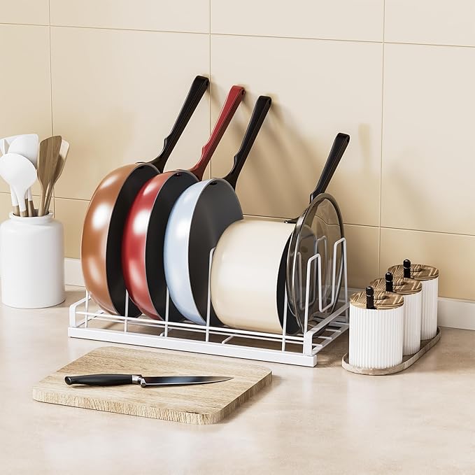 GAGUIUP Food Container Lid Organizer, Adjustable 6 Dividers Full-Metal Pot and Pan Organizer Rack for Kitchen Cabinets, Drawers, Cupboards, Pantry Shelves Storage, White