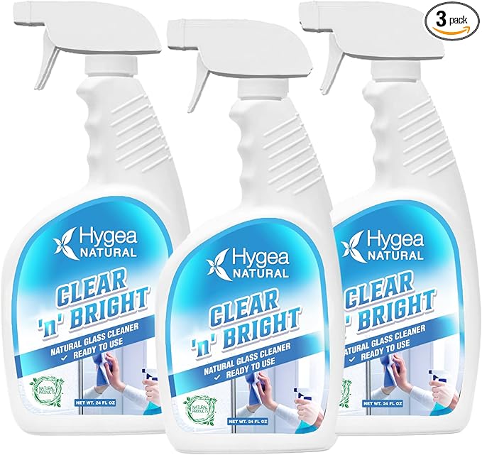 Hygea Natural Clear 'n' Bright - Non-Toxic Glass Cleaner Spray - Streak-Free & Ammonia-Free Window Cleaning - Window & Mirror Cleaning Supplies - Safe & Fast (3 Pack, 24oz Spray)
