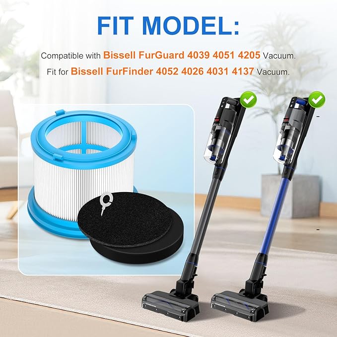4039 Filter Fit for Bissell PowerClean FurGuard 280W Vacuum 4039 4051 4205,Fit for Bissell FurFinder 200W 4052 4026 4031 4173,Includ 2 Pleated Post Motor Filters & 4 Pre Motor Filter