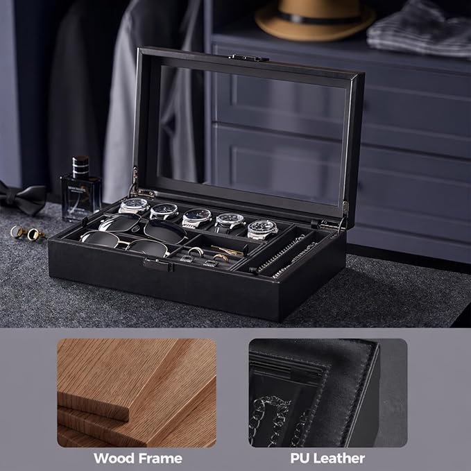 ProCase Men's Jewelry Box, 5-Slot Wood Watch Display Case Jewellry Storage Organizer for Sunglasses Rings Accessories with Hidden Compartment, Watch Holder with Glass Lid, Gift for Men -Black