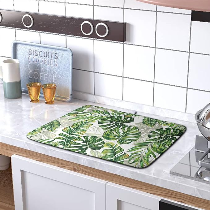 Kwlegh Tropical Palm Leaves Dish Drying Mat for Dishes 16x18 Inch Spring Green Monstera Leaf Drying Mat Watercolor Herbs Dish Drainer Mat Super Absorbent Dish Rack Pad for Coffee Bar Sinks