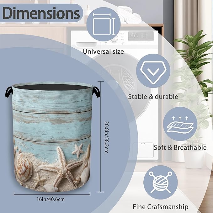 Starfish Seashell Laundry Basket,Vintage Wooden Oxford Cloth Laundry Hamper with Handle Foldable Portable Clothes Storage Basket for Bathroom Bedroom Dorm Room 16" x 20.8"