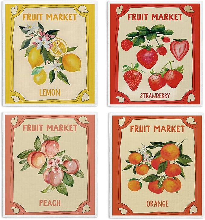 LARTSFRO Swedish Dishcloths for Kitchen, Pink Strawberries Peach Orange Lemon Swedish DishCloths for Summer Friut Market, 4 Pack Dish Towels for Kitchen, Papaya Reusable Paper Towels Washable