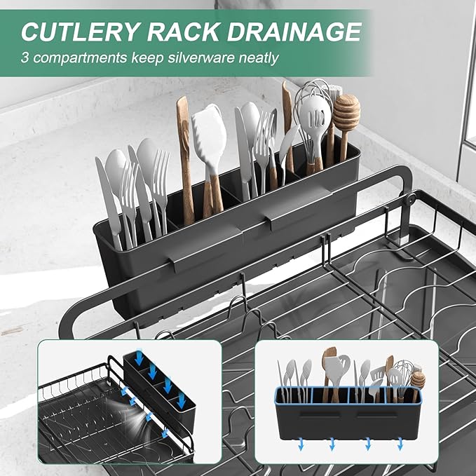 HOMEAILIE Dish Drying Rack for Kitchen Counter, Large Dish Drying Rack with Utensil Holder & Cutlery Tray, Dish Drainer with Drainboard, Black