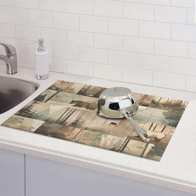 Retro Forest Bear Dish Drying Mat 18x24 For Kitchen Counter Absorbent Microfiber Dishes Pad Dish Drainer Rack Mats Fast Dry Kitchen Accessories