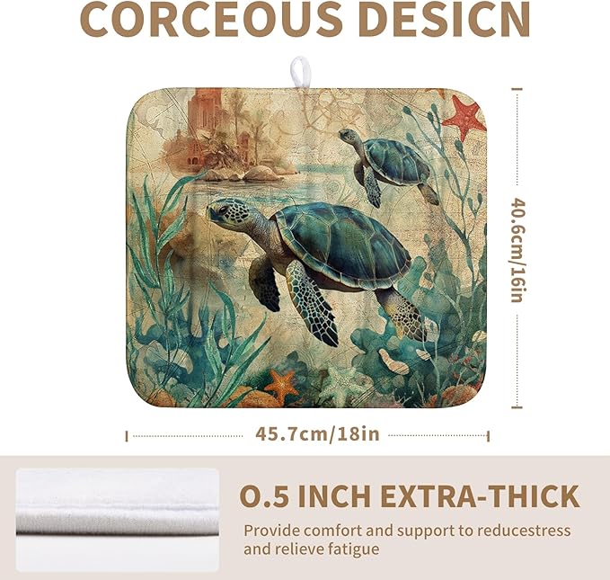 Wnoesat Vintage Ocean Sea Turtle Dish Drying Mats for Kitchen Counter 16 X 18 Inch Summer Turtle Dish Mat Drying Kitchen Mat Nautical Coastal Absorbent Drying Mat with Hanging Loop, 240219