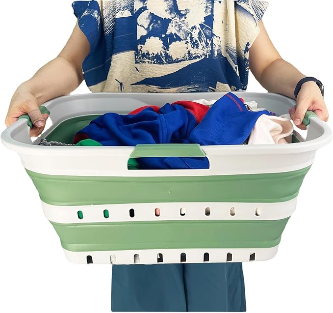 SAMMART 42 (11 Gallons) Collapsible Plastic Laundry Basket, Foldable Pop Up Storage Container/Organizer, Space Saving Hamper, Portable Bin for Dorm Room Bathroom (1, Grey/Dark Sea Green)