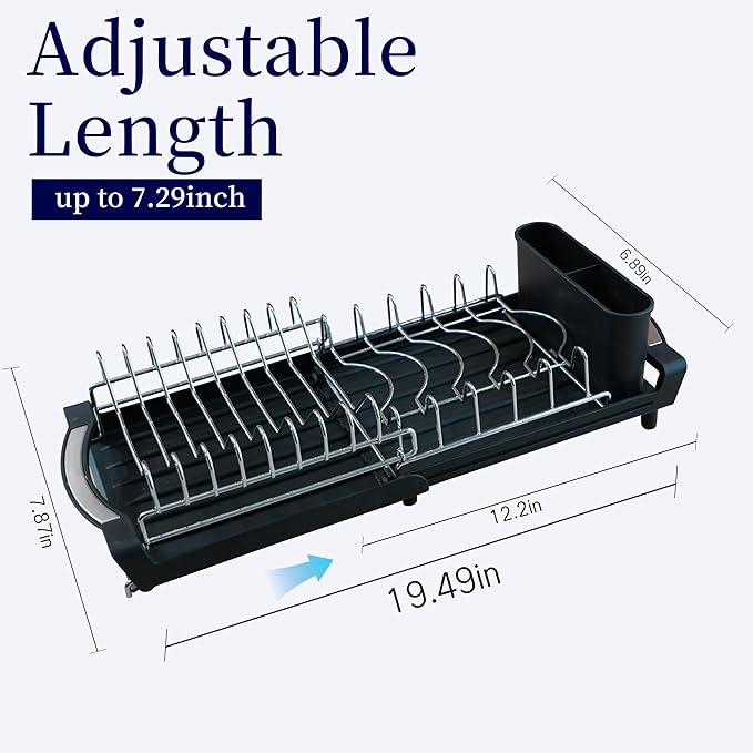 PINCHENG Dish Drying Rack Compact Expandable Double-Decker: Stainless, Rust-Proof, fits Kitchens/Apartments, extends 11.42"-19.9" (Black).