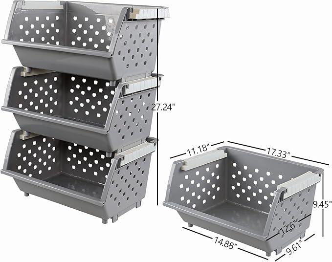 Ggbin 3 Tier Stackable Storage Baskets, Plastic Stacking Open Front Storage Bin, Grey