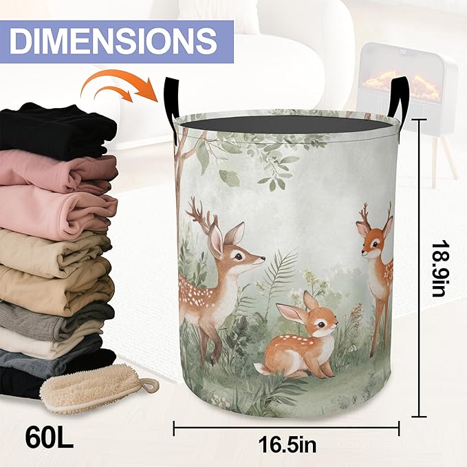 Cute ElkLaundry Basket,Animal World Large Canvas Fabric Lightweight Storage Hamper Organizer Dirty Clothes Collapsible Waterproof for College Dorms,Bathroom