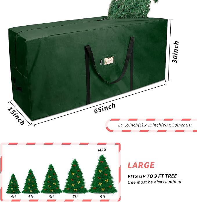 Christmas Tree Storage Bag 9 ft, Fits Up to 9 Foot Artificial Trees, 600D Oxford Tear-proof Xmas Tree Bag, Reinforced Handles & Zippered & Durable, Holiday Decoration Storage Bags, Green