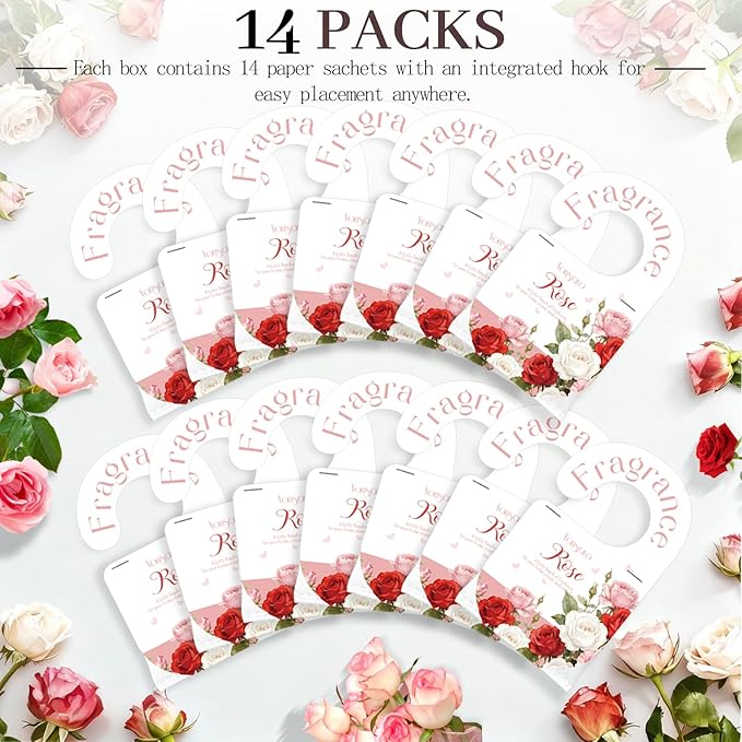 14 PCS Rose Sachets Bags for Drawers and Closets, Long Lasting Scented Sachets Air Fresheners, Natural Odor Eliminator, Home Fragrance for Wardrobe, Shoe Cabinet, Car & Bathroom Potpourri Bag