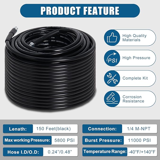 Zejoot 150FT Sewer Jetter Kit for Pressure Washer, 5800PSI Drain Cleaner Hose 1/4 Inch NPT Corner with 4 Sewer Jetting Nozzles，Waterproof Tape，Pearl Corsage Pin，Handle Strap & 2 Spanners (Black)