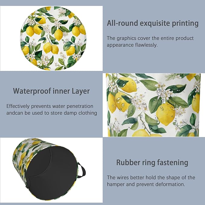 Lemon Laundry Basket,Flower Leaf Foldable Oxford Cloth Tote Bag Laundry Hamper Clothes Storage Bucket Organizer for Bedroom Laundry Storage Dormitories 16" x 20.8"