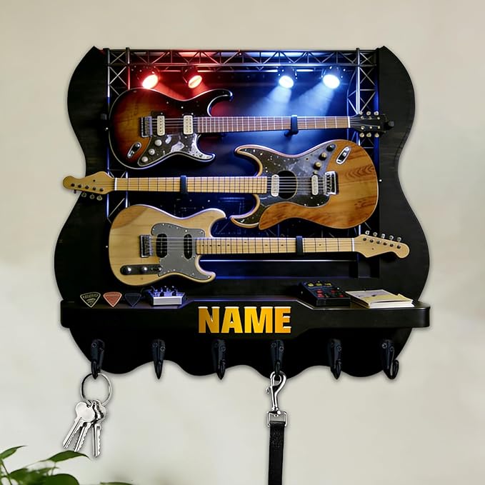 Custom 2D Flat Print Rock Guitar Key Storage Holder for Music Lover Family Friends Music Themed Wall Hooks Personalized Vintage Guitar Stand Name Key Rack Coat Holder for Culb Living Room Hallway