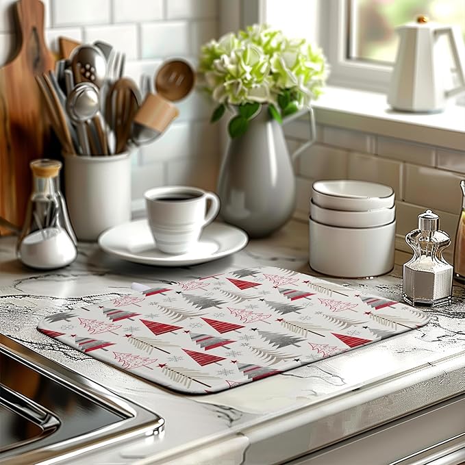 Wnoesat Christmas Dish Drying Mats for Kitchen Counter Xmas Tree Drying Mat Winter Holiday Dishes Drying Pad Microfiber Absorbent Dish Draining Mat Washable Dish Drainer Rack Mat 16x18 Inch