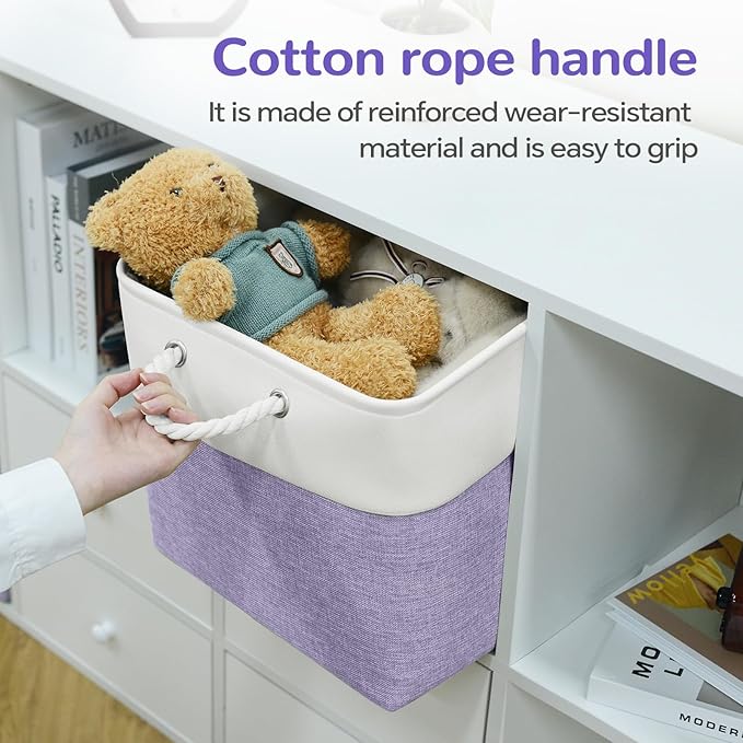 12 x 12 Inch Cube Storage Bins, 4 Pack Fabric Storage Basket with Handles, Foldable Boxes Organizer for Shelf Baskets for Home, Clothes (White/Purple)