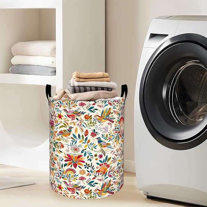 Colorful Bird Among Vibrant Floral Laundry Basket with Handles, 19.7"x15.7" Clothes Foldable Folk Art Laundry Hamper Organizer for Dorm Nursery Bedroom Bathroom Decor, Toy Storage Bin for Kids