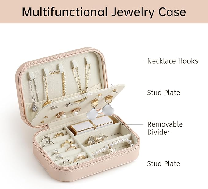 CASEGRACE Travel Jewelry Case, Double Layer Travel Jewelry Organizer for Necklace Earring Rings Jewelry Display Case for Women, Pink