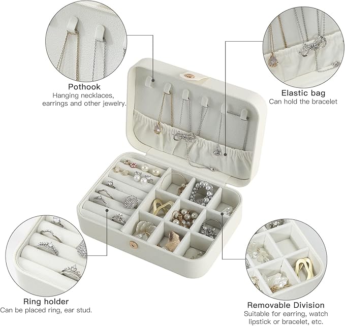 CASEGRACE Travel Jewelry Box Small Jewelry Organizer Case Display Storage for Earrings Necklace Rings Bracelets Portable Jewelry Organizer for Women Girls, White