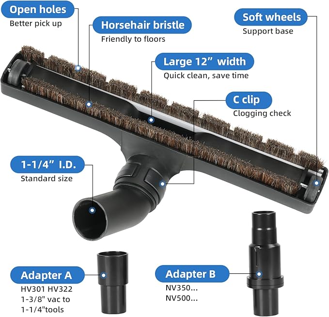 Kodahome Hardwood Floor Brush Vacuum Attachment for Shark Navigator NV350 NV360 Rotator NV500 Stratos, Corded Stick Rocket HV301 HV322, 1-1/4" Accessories with Adapters (Shark Hardfloor Brush)