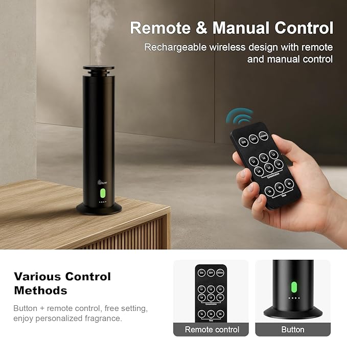 Hotel Collection Diffuser Machine,Remote,Rechargeable,Whisper-Quiet,Aluminum,1500 Sq Ft,Waterless Essential Oil Diffuser - Matte Black