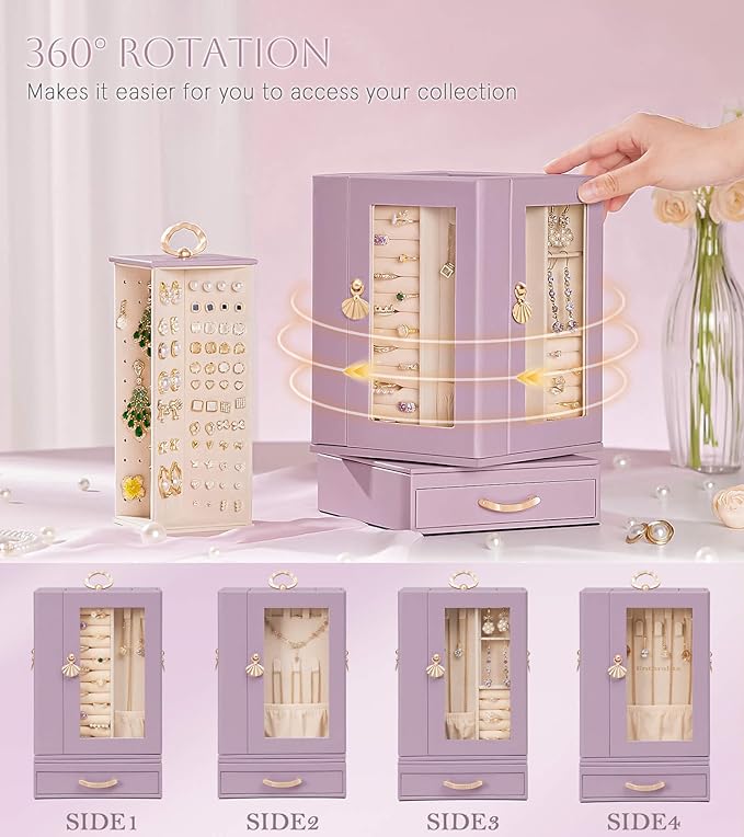 Jewelry Box large for Dresser: Women Necklace Ring Storage Organizer with Compartments - Elegant Earring Holder Display (Grey Purple)
