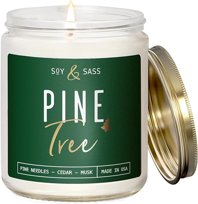 Pine Candle, Pine Scented Candles, Christmas Candles Scented - 'Pine Tree' Soy Candle, w/Fir Needles, Warm Cedar & Sandalwood - Infused with Essential Oils I 9oz, 50 Hour Burn, Handmade in USA