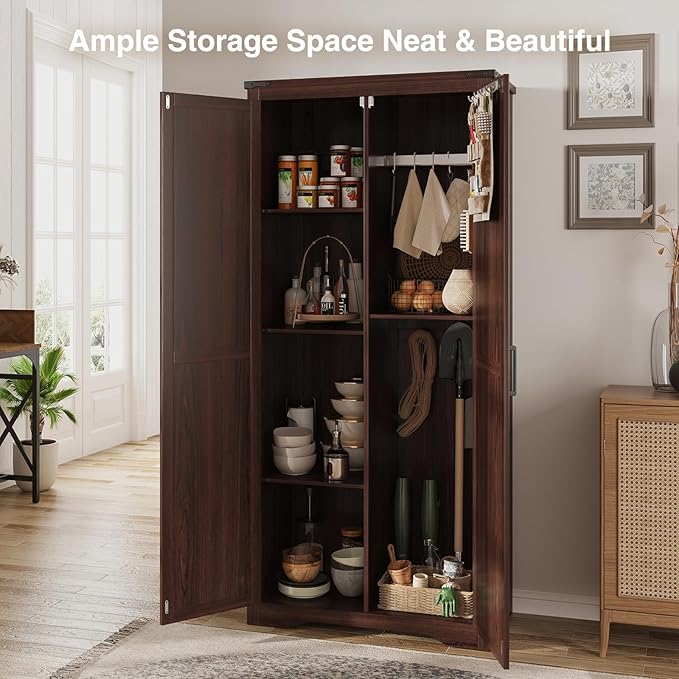 Farmhouse Storage Cabinet with Adjustable Shelves, Large Pantry Organize with 2 Barn Doors, Tall Freestanding Cabinet for Kitchen, Bathroom, Garage, Basement, Living, Utility Room, Brown | Adjustable Shelves, Large Pantry, 2 Barn Doors