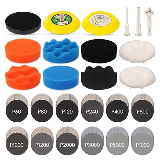 145pcs 3 inch Sandpaper Polishing Kit for Headlight Restoration, 60 to 10000 Grit Wet Dry Sanding Dicsc with Drill Buffing Pad and Foam Polishing Pads