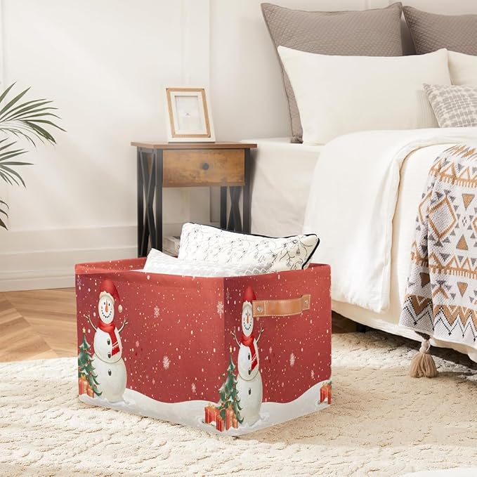 Storage Baskets Bin, Christmas Winter Snowman Collapsible Canvas Fabric Storage Bin Decorative Baskets Toy Organizer Rectangle Storage Boxes with Handles for Home Shelves Nursery, J-011