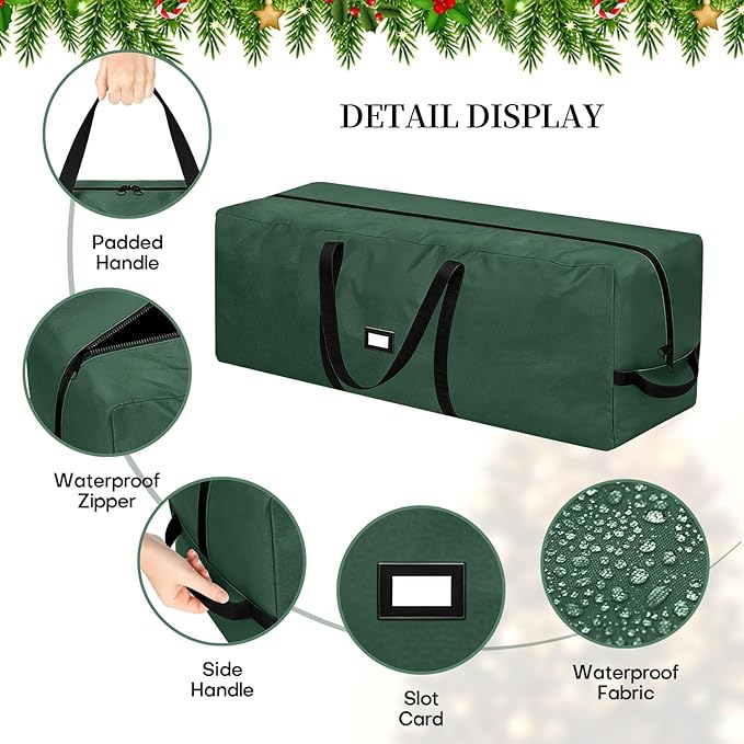 Christmas Tree Storage Bag - Fits Up to 9 Ft Large Artificial Christmas Tree, Heavy Duty 600D Oxford Cloth Xmas Tree Container with Handles & Zipper - Green