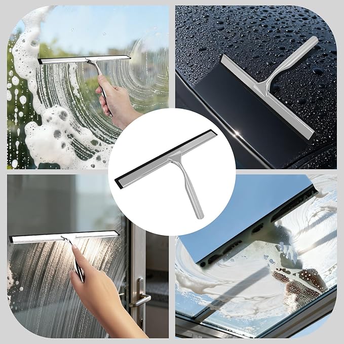 BGGo 10-Inch Shower Squeegee with Hanger, All-Purpose Stainless Steel and TPR Rubber for Streak-Free Cleaning on Glass Shower Doors, Mirrors, Windows, Tile and Car Glass
