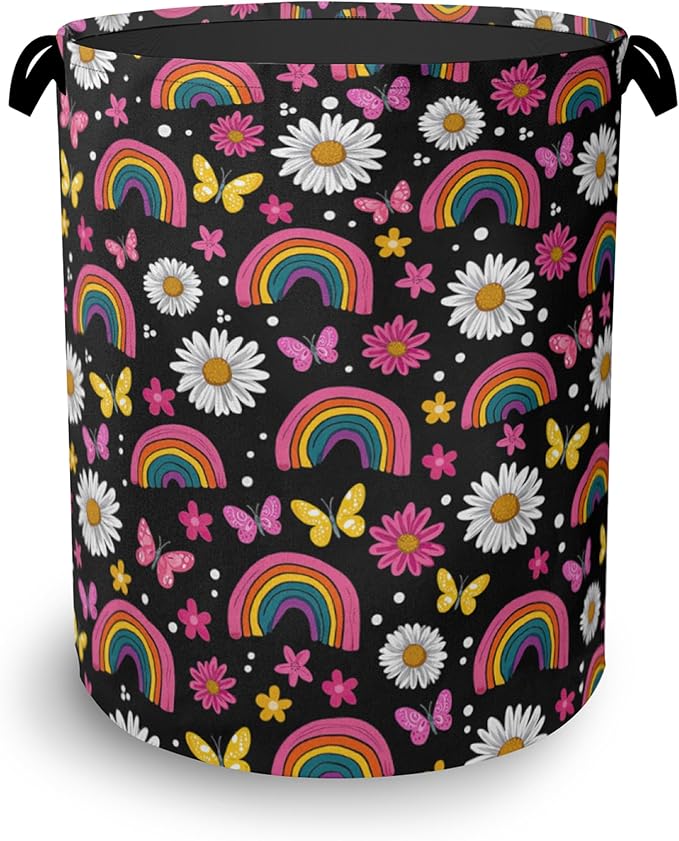 Rainbow Boho Butterfly Laundry Basket,Daisy Oxford Cloth Laundry Hamper with Handle Foldable Portable Clothes Storage Basket for Bathroom Bedroom Dorm Room 16" x 20.8"