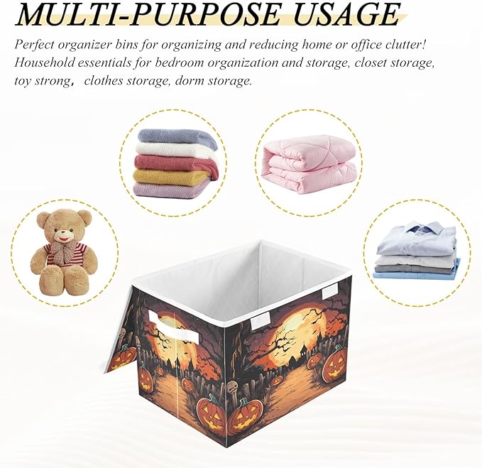 Bolaz Storage Bins with Lids and Handles,Halloween Night Pumpkin Skull Storage Box Storage Basket with Cover Collapsible Organizer Containers for Home Closet, Shelves