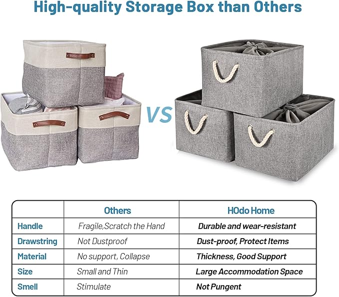 HOdo Home 3PCS Storage Bins, Fabric Bin with Drawstring Closure and 2 Bold Handles, Collapsible Large Canvas Baskets for Organizing Shelf Nursery Home Closet (15.8×11.8×9.5 In, Grey)