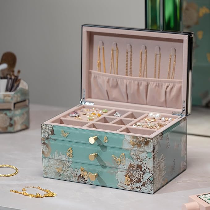 Glass Jewelry Box With Butterfly & Flower Patterns, 3-Tier Organizer for Women Girls,Jewelry Gift Decorative Boxes, Art Painting Tabletop Organizer For Earring Necklace Christmas Gifts