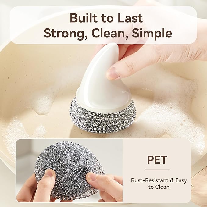 JESFORMYA Steel Wool Scrubber with Handle, 3 Refill Pads – Heavy Duty Cleaner for Dishes, Cast Iron, Pots, Pans & Grills (White)