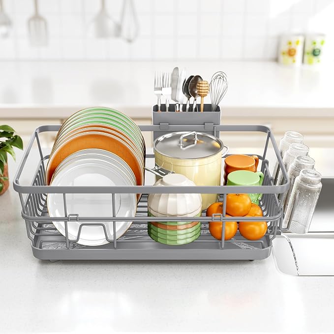 TOOLF Large Dish Drying Rack for Kitchen Counter,Kitchen Dish Racks with Drainboard,Sink Dish Strainer Rack,Countertop Dish Drainer Rack with Cup & Utensil Holders,Gray