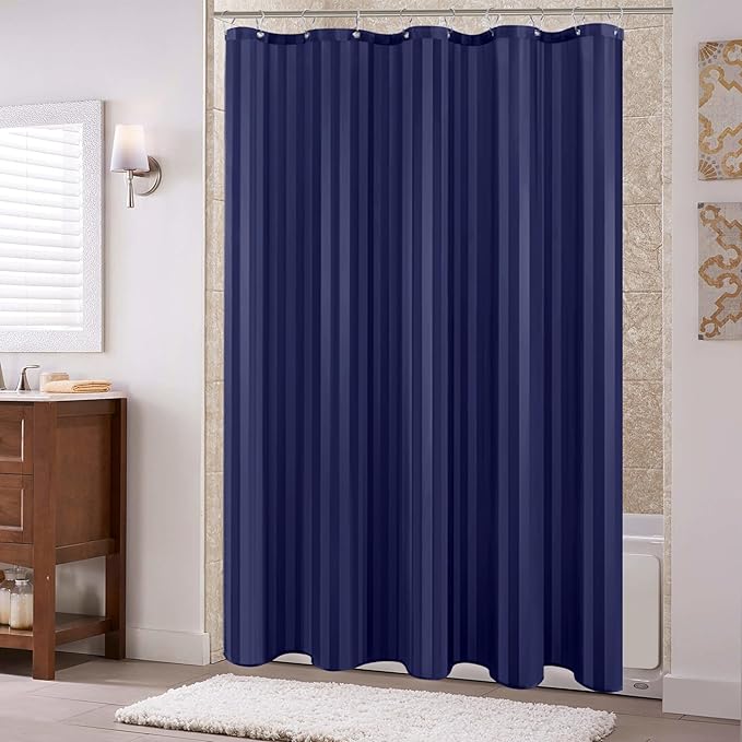 Biscaynebay Fabric Shower Curtain or Liner 72" by 72", Navy Water Repellent Damask Stripes Bathroom Curtains Machine Washable