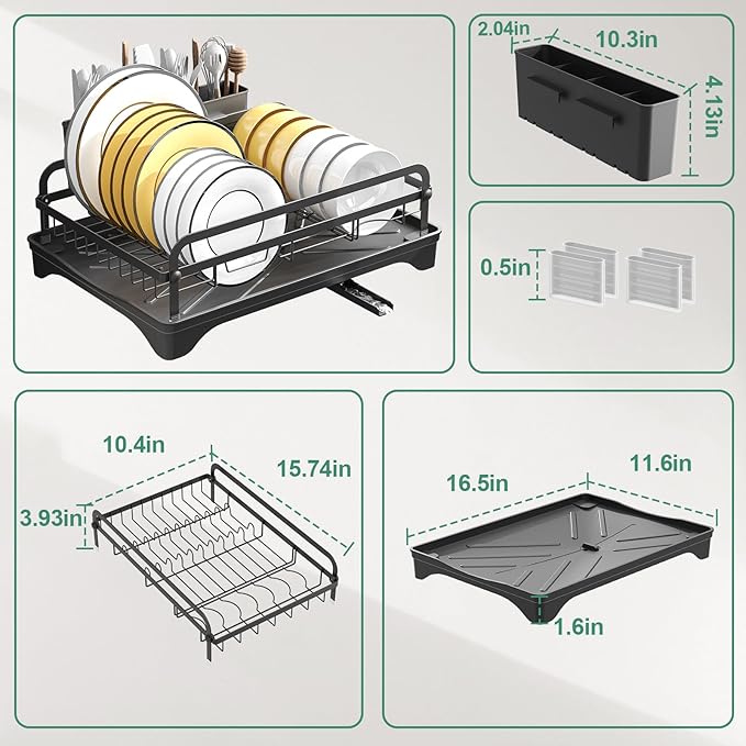 HOMEAILIE Dish Drying Rack for Kitchen Counter, Large Dish Drying Rack with Utensil Holder & Cutlery Tray, Dish Drainer with Drainboard, Black