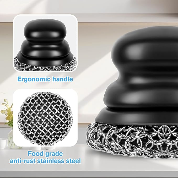 Onewly Cast Iron Scrubber (1Pack Black Coarse Mesh + 1Pack Black Fine Mesh) and and Scraper, Chain Mail Scrubber for Cleaning Stock Pots, Pans, Griddles, Grills, Cast Iron Skillets, Dish Scouring Pads