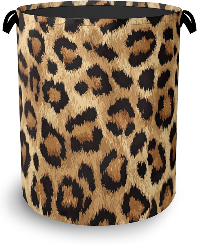 Brown Leopard Laundry Basket,Foldable with Handles Tote Bag Oxford Cloth for Bathroom Bedroom Dirty Clothes Storage Bucket 16" x 20.8"