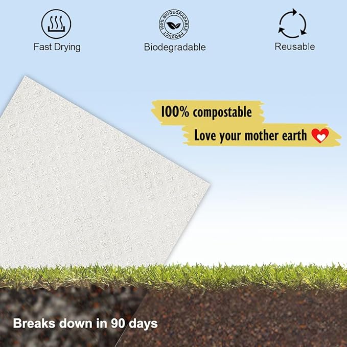 MoLKENE Swedish Dishcloths for Kitchen | 6 Pack Absorbent Cellulose Sponge Cloths Washable | Non-Scratch Reusable Paper Towels Quick Drying Cleaning Cloths - White