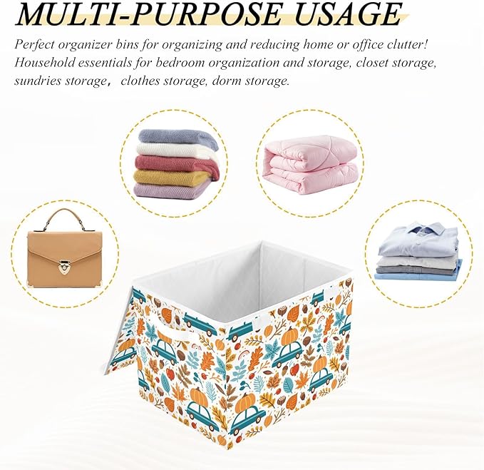 Thanksgiving Storage Baskets Collapsible Storage Bins with Lids, Thanksgiving Fall Maple Leaves Truck Pumpkins Storage Boxes Clothes Baskets for Organizing