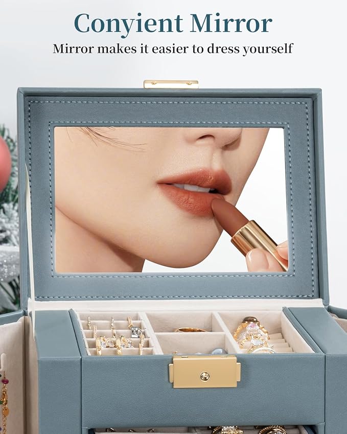 TORIBIO Large Jewelry Box for Women, Leather Jewelry Organizer with Mirror & Lock, 6-Tier Jewelry Storage Case for Girls/Women/Mothers, Necklace Earring Bracelets Holder Organizer, Grey Blue