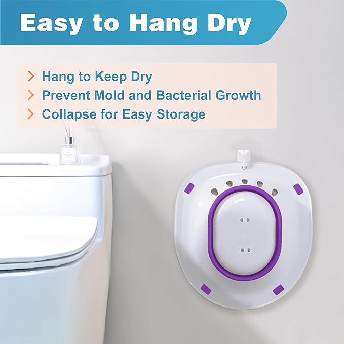Pochik Sitz Bath for Toilet Seat Hemorrhoids and Postpartum Care, Yoni Steam Seat, Perineal Soaking, Collapsible, Flusher Hose, Drain Holes, Wider Seating Area - Purple