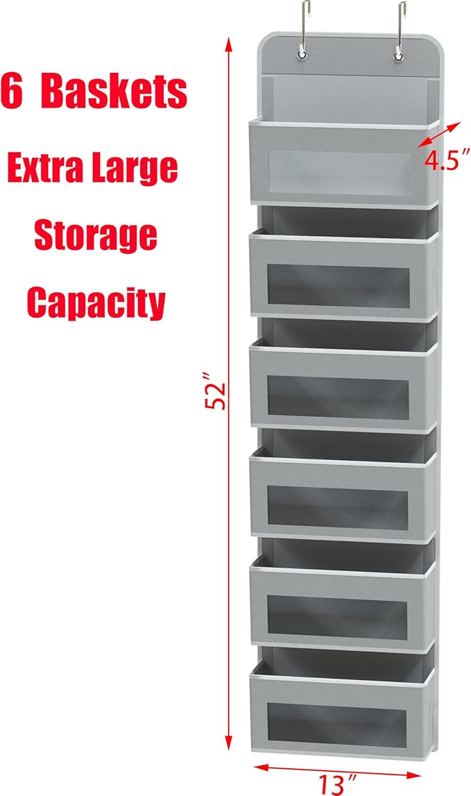 Simple Houseware 6 Clear Window Pocket Over Closet Door Storage Hanging Organizer for Bedroom, Bathroom, Pantry, Gay