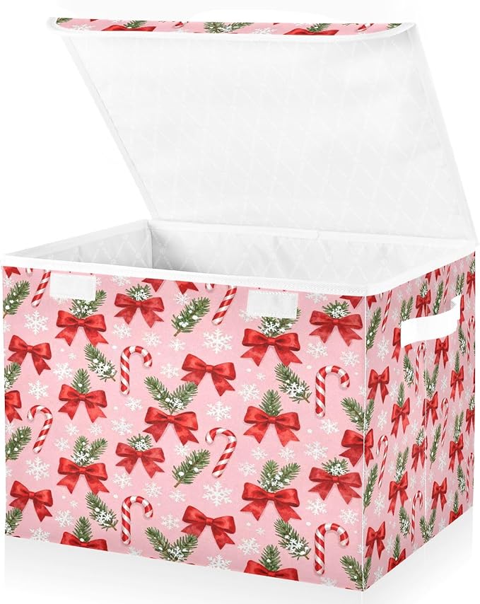 Christmas Bow Candy Snowflake Storage Bins with Lids Foldable Storage Basket with Handles Collapsible Large Fabric Organizer Containers for Clothes Shelves Closet Office Home